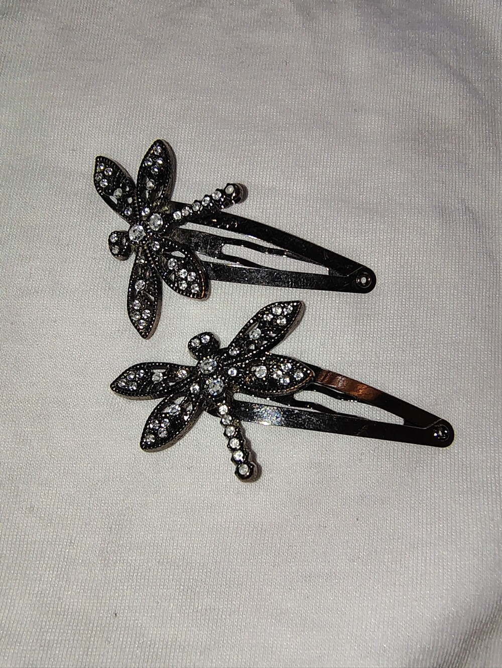 Vintage Black Silver Toned Dragonfly Hair Clips Rhinestone Barrettes Heavy Duty